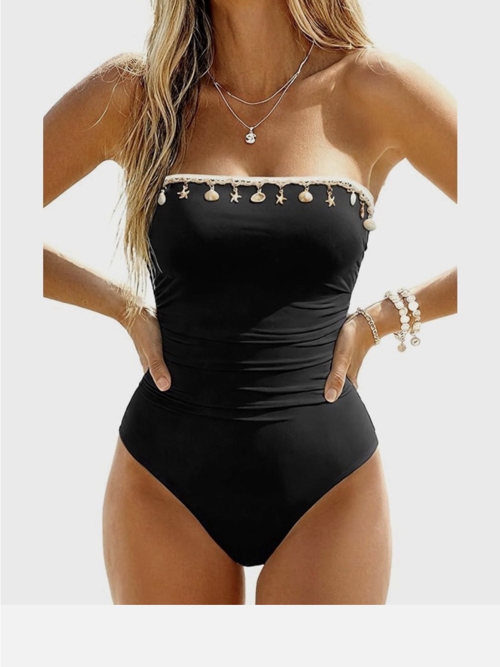 Strapless Shell-Trim Black One-Piece Swimsuit